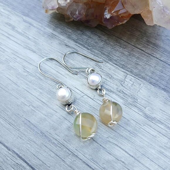 Freshwater Pearl & Faceted Agate Gemstone Dangle Earrings, Upcycled Artisan 2" - Picture 4 of 8